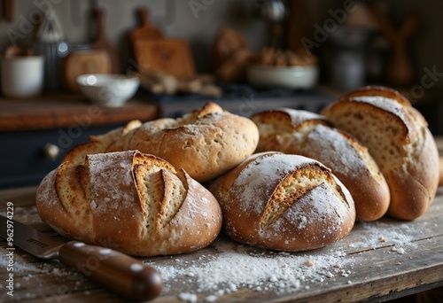 Freshly Baked Bread on Wooden Table with Knife Ready to Slice