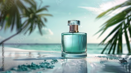 Stylish presentation of expensive men's perfumes against the background of a blue lagoon and palm trees. Advertising layout of men's perfume with notes of sea breeze photo