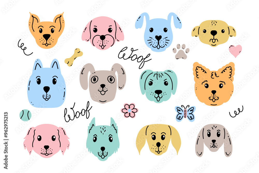 Collection of dog faces in doodle style on white background. Collection of dog faces in doodle style on white background.