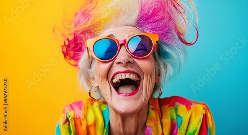 Vibrant elderly woman with rainbow hair and colorful outfit laughing against a bright teal background during a sunny day