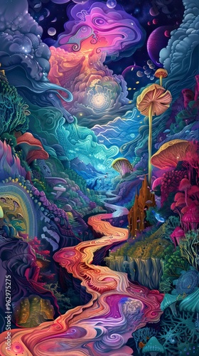 Wallpaper Mural Psychedelic surreal landscape. Digital painting illustration of spiritual journey insight. LSD, magic mushrooms or ayahuasca fantasy experience. Ego death Torontodigital.ca