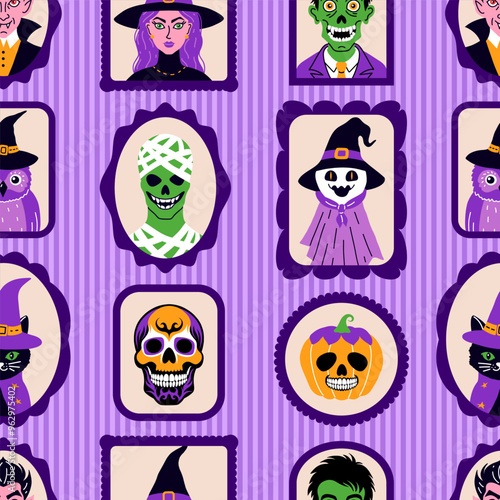 Seamless pattern with cute characters in simple style. Halloween theme.