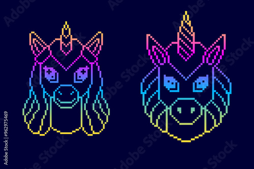 Unicorns in pixel art style with gradient colors.