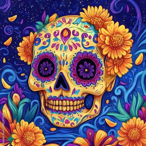 Sugar Skull with Bright Colors and Marigold Surround - Floral Shadows Days Of The Dead - Vibrant and Symbolic Illustrations 