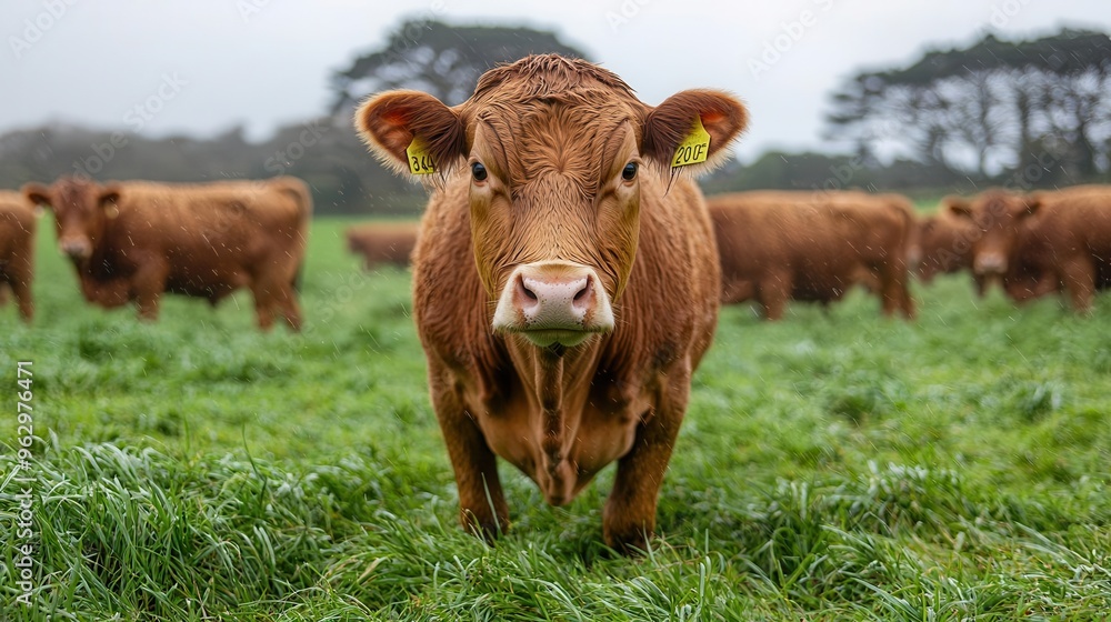 A curious brown cow stands prominently in a green field, surrounded by fellow cattle, under a cloudy sky. A curious brown cow stands prominently in a green field, surrounded by fellow cattle, under a cloudy sky.