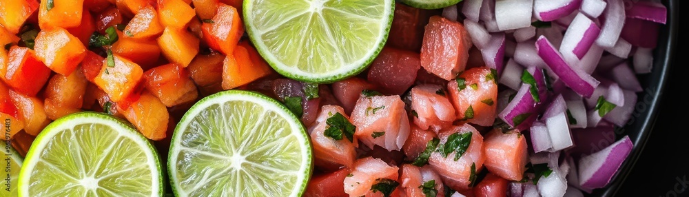 Close-up of colorful ceviche with diced fish, vibrant lime slices, and red onions, refreshing and zesty seafood dish Close-up of colorful ceviche with diced fish, vibrant lime slices, and red onions, refreshing and zesty seafood dish