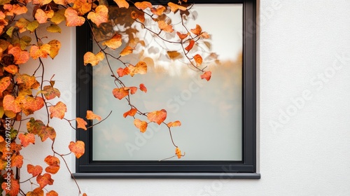 Frontal view of a window with minimalistically arranged autumnal leaves photo