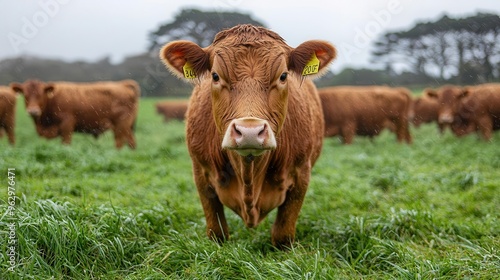 A curious brown cow stands prominently in a green field, surrounded by fellow cattle, under a cloudy sky.