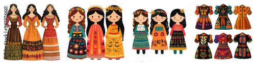 Watercolor Halloween Boho Decor, A vibrant collection of illustrated dolls wearing traditional dresses, showcasing cultural diversity and colorful patterns. Isolate on white background set