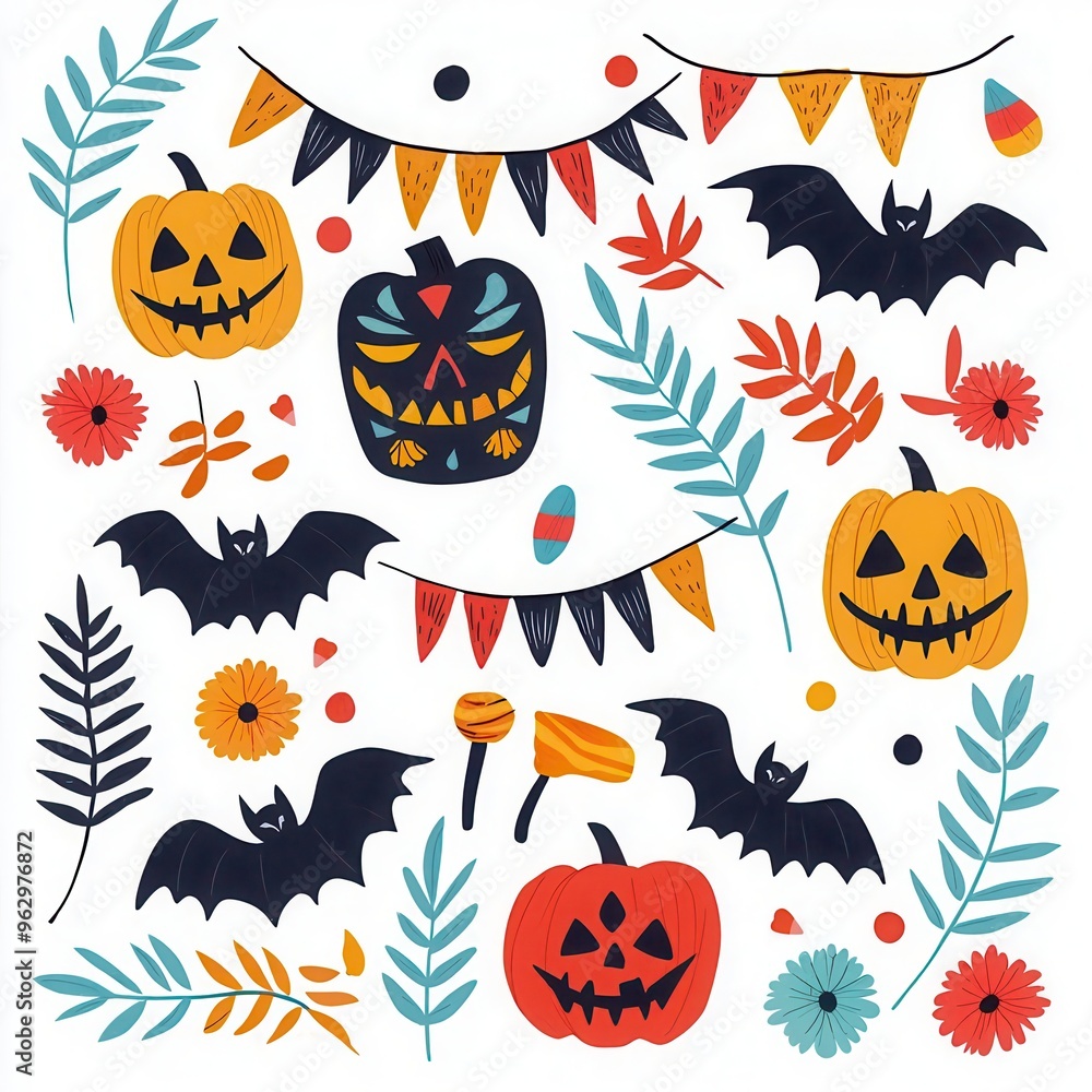 Fototapeta premium Watercolor Halloween Boho Decor, A vibrant Halloween design featuring pumpkins, bats, and festive elements, perfect for seasonal decorations and themed projects. Isolate on white background set