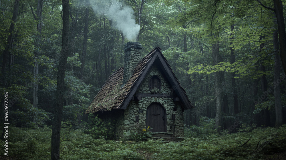 Halloween witch’s hut hidden in the forest with smoke from chimney
Halloween witch’s hut hidden in the forest with smoke from chimney