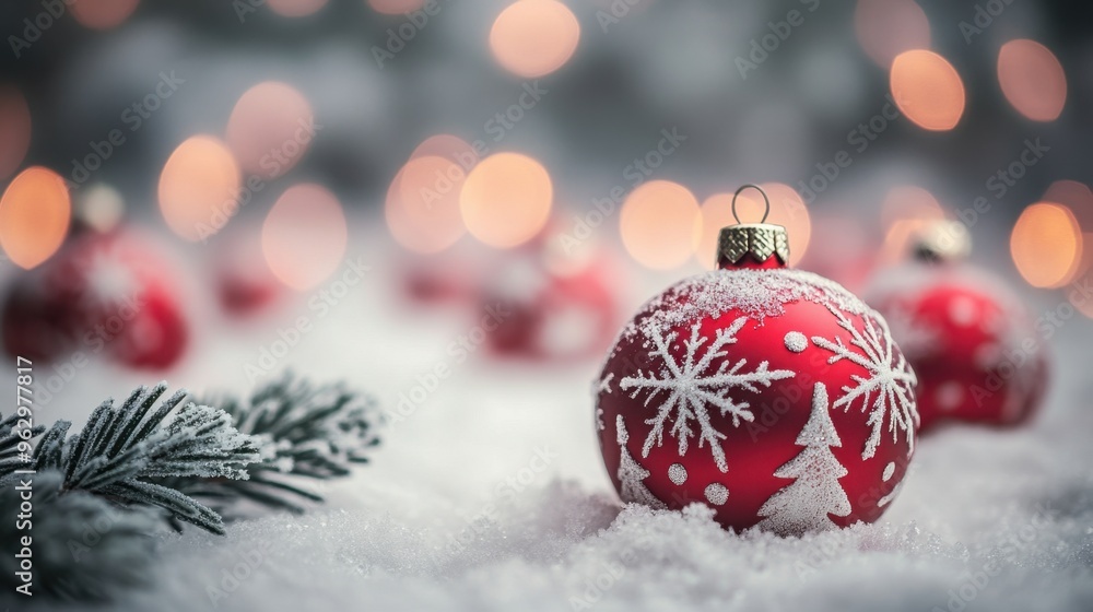 Magical Christmas Background with Red and White Ornaments, Snowflakes, and Frosty Pine Branches - Winter Holiday Decoration Scene for Greeting Cards and Festive Designs Magical Christmas Background with Red and White Ornaments, Snowflakes, and Frosty Pine Branches - Winter Holiday Decoration Scene for Greeting Cards and Festive Designs