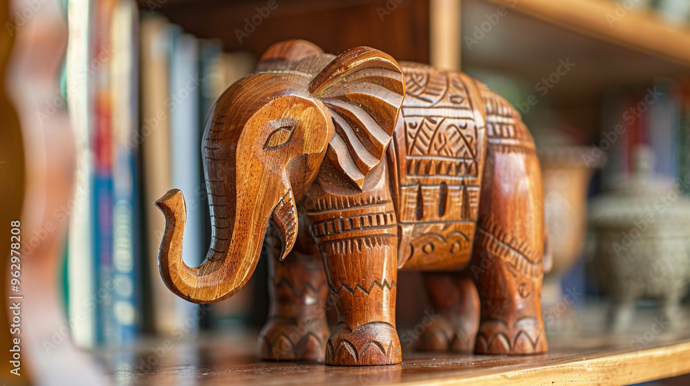 Medium close-up of a wooden carved elephant figurine on a bookshelf, showing fine details in the craftsmanship. Medium close-up of a wooden carved elephant figurine on a bookshelf, showing fine details in the craftsmanship.