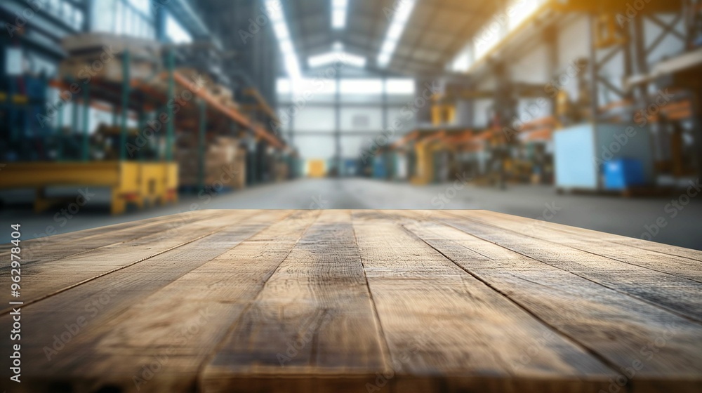custom made wallpaper toronto digitalEmpty wooden table in a blurred industrial warehouse.