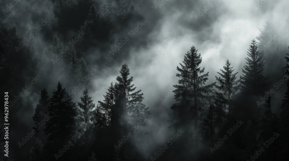 Dark misty forest with tall trees and dense fog.