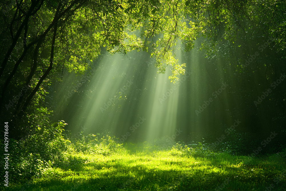 Sunbeams illuminate a lush green forest clearing. Sunbeams illuminate a lush green forest clearing.