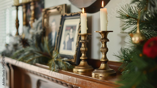 Medium close-up of a pair of antique brass candlesticks, unlit, standing on a mantel next to family photos.