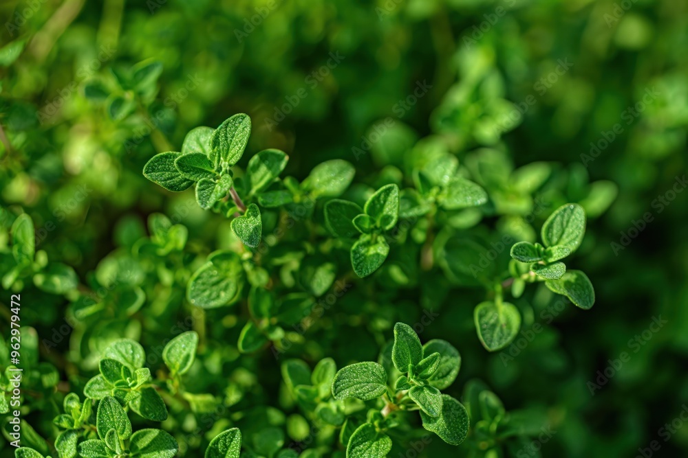 Fresh green thyme plant close up with blurred garden background. Vibrant leaves appear to move creating dynamic effect. Perfect for eco, wellness, and foodie themes. Fresh green thyme plant close up with blurred garden background. Vibrant leaves appear to move creating dynamic effect. Perfect for eco, wellness, and foodie themes.