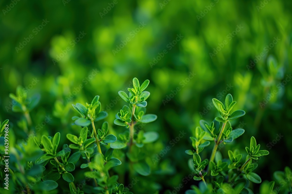 Green thyme plant close-up with blurred background. Fresh herbs arranged to create depth and perspective. Vibrant leaves and intricate details of plants in focus. Green thyme plant close-up with blurred background. Fresh herbs arranged to create depth and perspective. Vibrant leaves and intricate details of plants in focus.