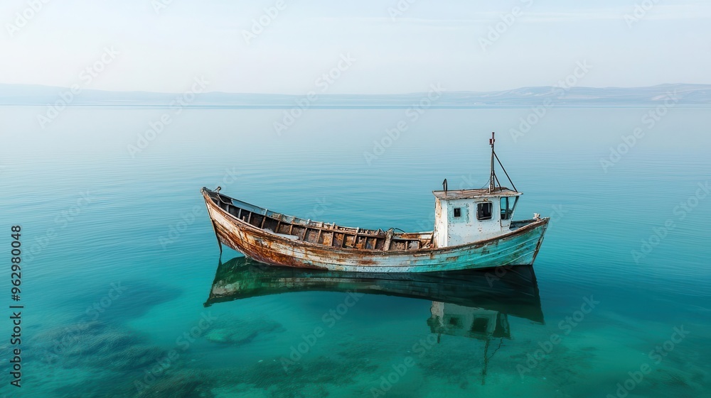 An abandoned fishing boat, slowly sinking into the sea, neglect, forgotten dreams An abandoned fishing boat, slowly sinking into the sea, neglect, forgotten dreams