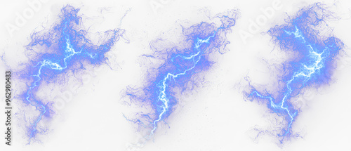 Set of dynamic blue lightning bolts creating an electrifying visual effect against a horizontal background, cutout, png photo