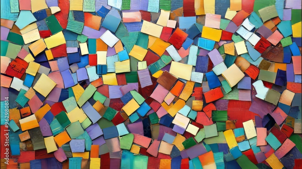 Top view of a mosaic made of small, colorful ceramic tiles arranged in an abstract pattern Top view of a mosaic made of small, colorful ceramic tiles arranged in an abstract pattern