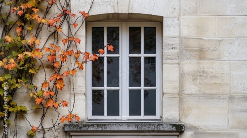 Frontal view of a window with minimalistically arranged autumnal leaves photo