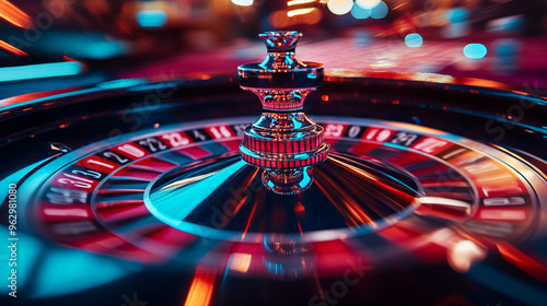 A vibrant and dynamic close-up of a roulette wheel in motion, illuminated by colorful neon lights in a casino setting. photo