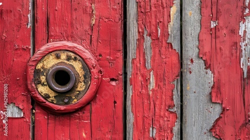 Weathered, peeling paint on an old wooden door, revealing layers of colors underneath
