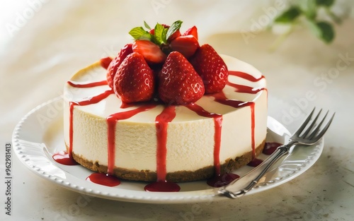 Smooth New York Cheesecake Topped with Strawberries, Mint, and Strawberry Drizzle,