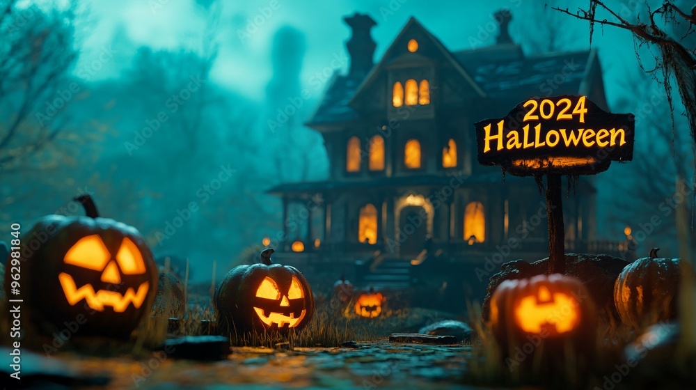 Mystical Jack-o’-Lanterns and Haunted House Setting with “2024 Halloween” Text Mystical Jack-o’-Lanterns and Haunted House Setting with “2024 Halloween” Text