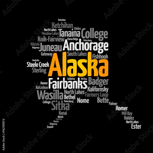 Alaska - the largest state in the United States by area, is located in the far northwest corner of North America, separated from the contiguous United States by Canada, word cloud concept background