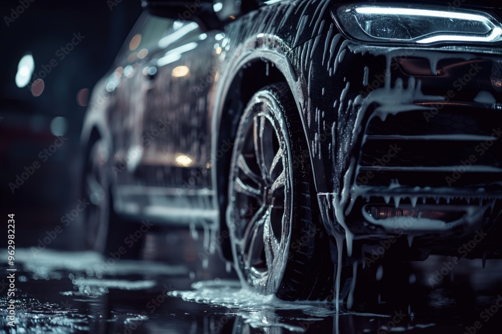 Black car gets washed on wet surface with water splashing around tires and hood. Car headlights shine bright in dark background. Foam soap creates dynamic atmosphere during cleaning process. Black car gets washed on wet surface with water splashing around tires and hood. Car headlights shine bright in dark background. Foam soap creates dynamic atmosphere during cleaning process.