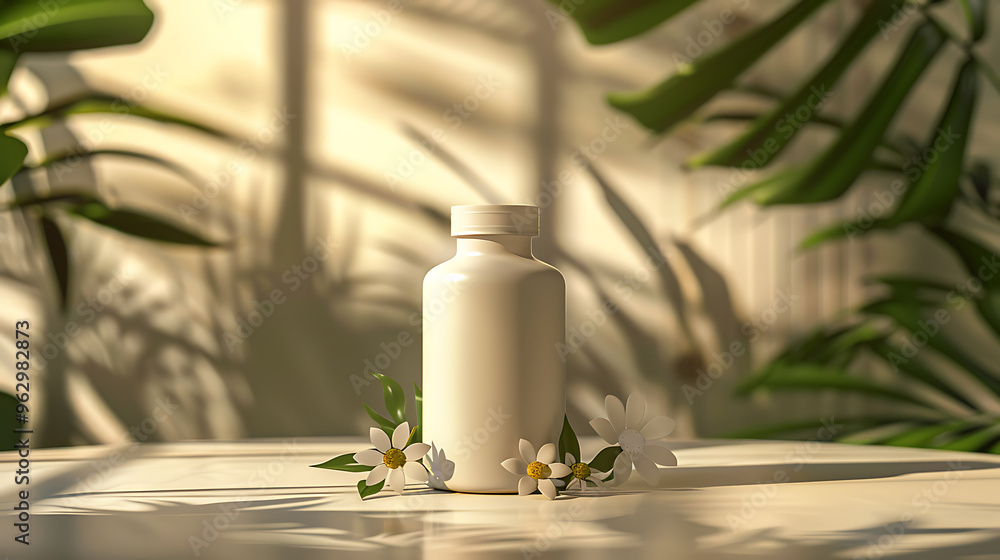 A white bottle with a white cap sits on a white table with a few small white flowers. The bottle is in focus while the background is blurred and green. A white bottle with a white cap sits on a white table with a few small white flowers. The bottle is in focus while the background is blurred and green.