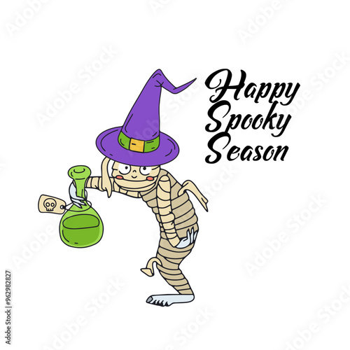 Card or poster with cute Halloween illustration with mummy holding a jar with magic potion. Greeting text Happy Spooky Season.