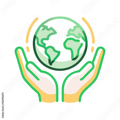Stylized hands holding a globe of green and yellow colors, symbolizing care for the environment