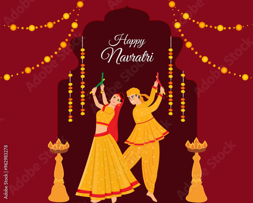 happy Navratri couple playing dandiya in garba night navratri dussehra festival of india