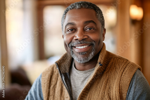 Portrait of a smiling senior African American man with grey hair and beard, wearing a brown sweater vest.