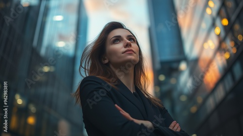 A young woman stands in front of a modern glass building, looking up towards the sky.