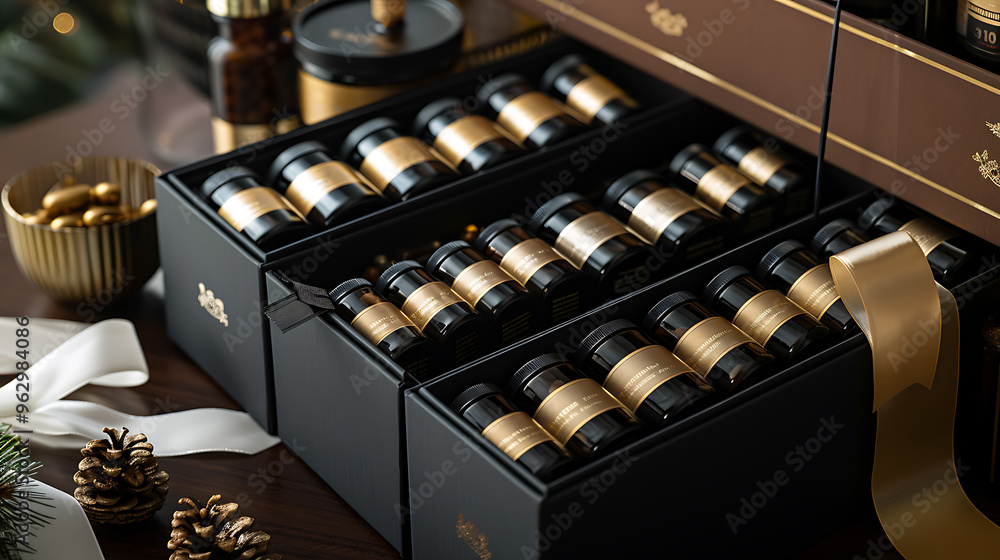 A luxurious gift set of small black and gold bottles arranged in a black box. A luxurious gift set of small black and gold bottles arranged in a black box.