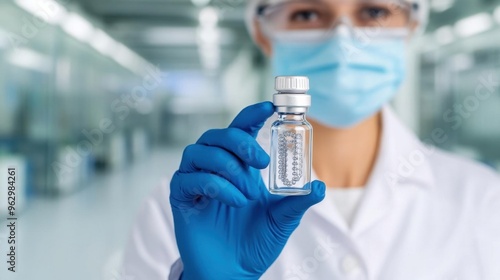 A healthcare professional holds a vaccine vial in a sterile laboratory setting, showcasing safety and precision in medical practice.