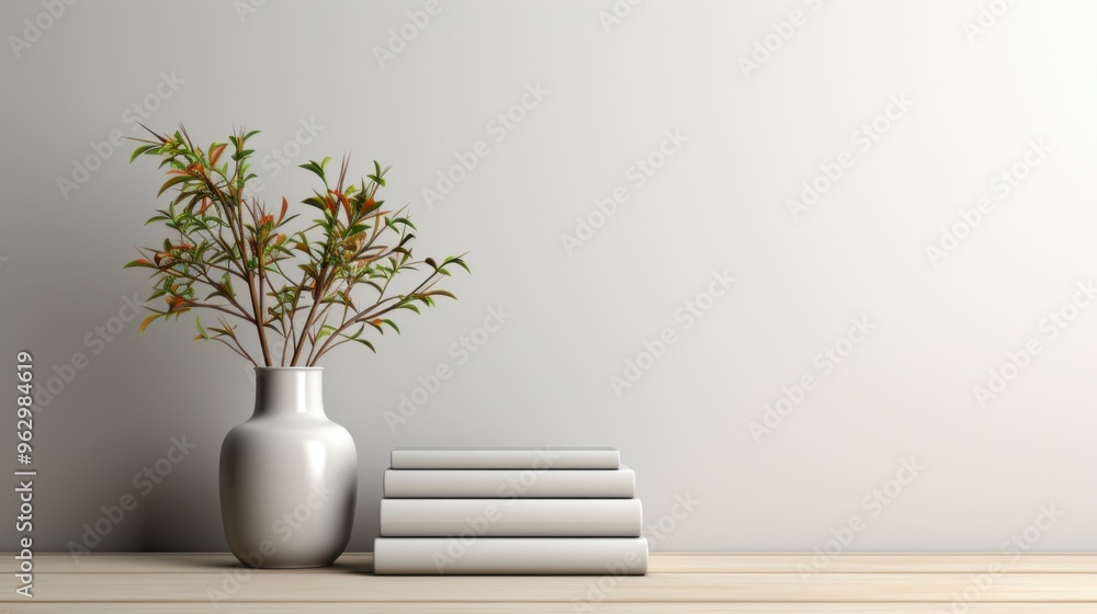 vase with plant and books on wooden table vase with plant and books on wooden table