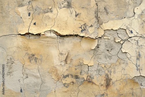 Weathered concrete wall with cracks and chips. Paint peeling off revealing underlying surface. Side view of deteriorated structure with yellow and brown hues.