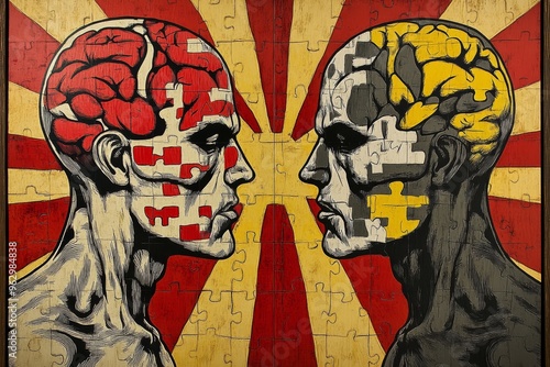 Neural dynamics Cognitive sharpness Retro comic style illustration of two skulls with exposed brains symbolizing intellectual rivalry competitive thoughts and the clash of ideas photo