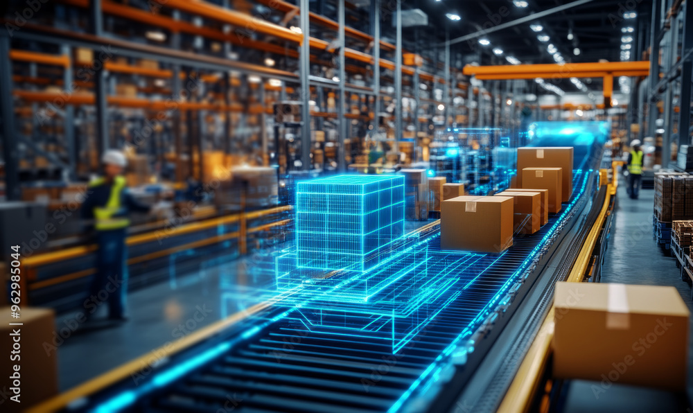 Futuristic Distribution Hub,glowing digital hologram depicting boxes on a conveyor belt in a warehouse, Futuristic Distribution Hub,glowing digital hologram depicting boxes on a conveyor belt in a warehouse,