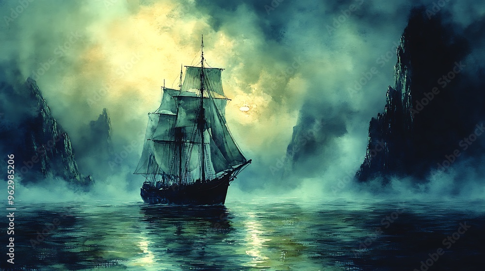A sailing ship navigates through a foggy sea towards a setting sun. A sailing ship navigates through a foggy sea towards a setting sun.