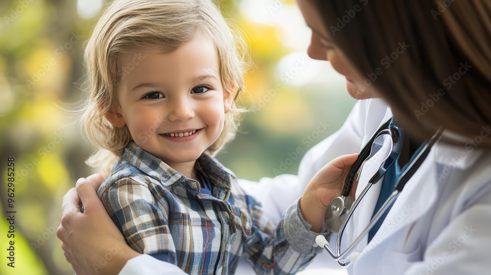 Medical Worker Greets a Child After Taking Them to School in a Sunny Outdoor Setting Medical Worker Greets a Child After Taking Them to School in a Sunny Outdoor Setting