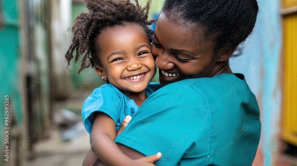 Medical Worker Joyfully Embraces Smiling Child Before Heading to Work in the Bustling Neighborhood Medical Worker Joyfully Embraces Smiling Child Before Heading to Work in the Bustling Neighborhood