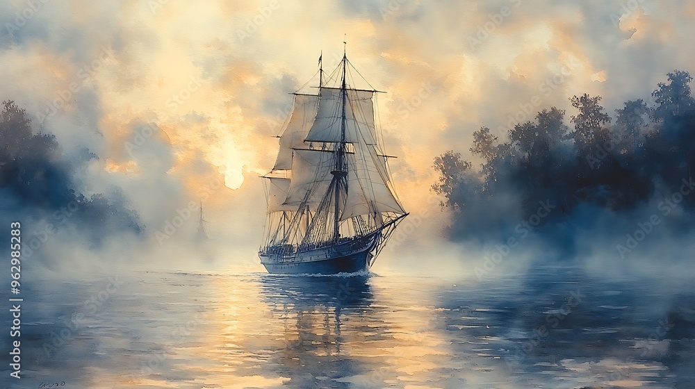 A sailboat sails through a misty sunrise with a silhouette of trees on the shore. A sailboat sails through a misty sunrise with a silhouette of trees on the shore.