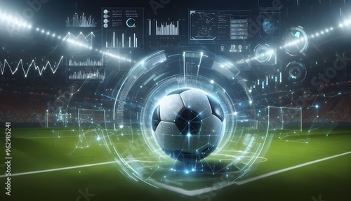 Dynamic Soccer Ball on Field with Digital Analysis Graphics Depicting Real-Time Sports Data Analytics and the Technological Intersection of Soccer and Data During an Evening Match